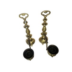 Vintage Solid Brass Wall Sconce Candle Holders Pair Polished Gold Spindle 12.5in