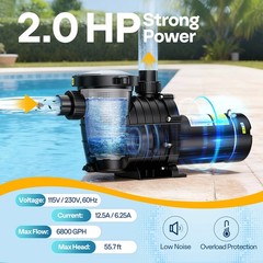 2.0HP Swimming Pool Pump 115V/230V 6800GPH w/ Self-Priming Motor In/Above Ground