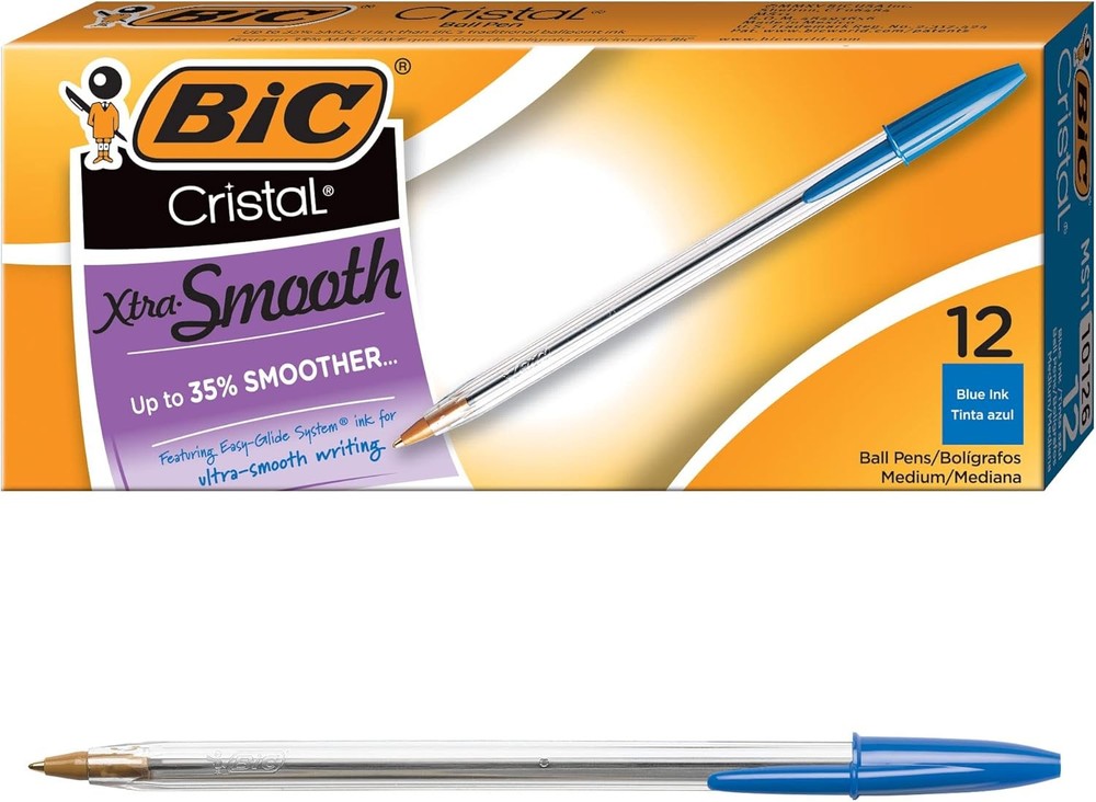BIC Cristal Xtra Smooth Blue Ballpoint Pens, Medium Point (1.0mm), 12-Count P