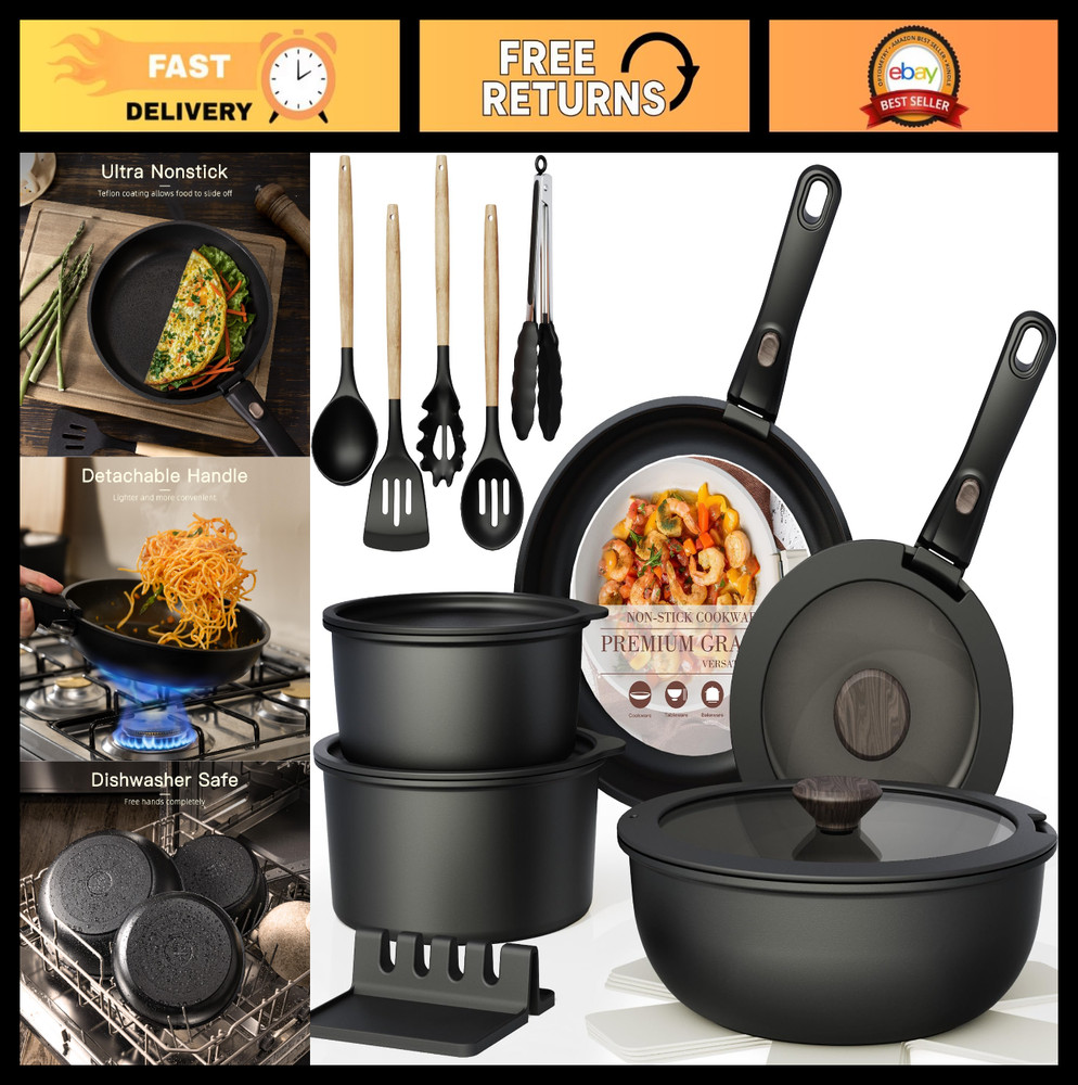 21 Pcs Non-Stick Ceramic Cookware Set, Detachable Handle, Oven Safe, Induction R