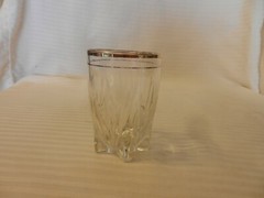 Vintage 3.25″ Tall Clear Shot Glass With Gold Rim Star Footed Engraved Details