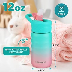 HAUSHOF Kids Water Bottle 2-Pack (12 oz)Stainless Steel BPA-free Leakproof