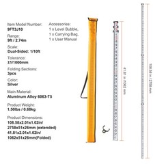 VEVOR 9 Feet 10ths Grade Rod 1/10ft Dual Sided 3 Section Telescopic Leveling Rod