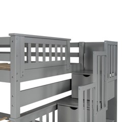 Full Over Full Bunk Bed w/ 6 Storage Drawers & Stairs For Kids Teens Adults Gray