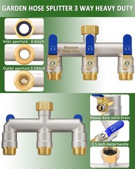 3 Way Hose Splitter Heavy Duty Long Handle Full Flow Brass Nickel 3/4 Inch Blue