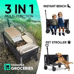 3 in 1 Collapsible Wagon Grocery Cart 330LB Foldable Beach Fold Wagon with Wheel
