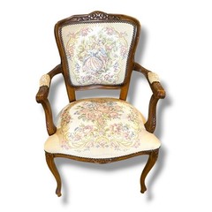 Vintage French Provincial Armchair Louis XV Style Tapestry Fauteuil Carved Wood