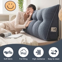 Soft Wedge Headboard Pillow Dorm Bed Triangular Backrest Cushion w/ Side Pocket