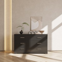 6 Drawer Double Dresser Black Wide Storage Chest of Drawers Bedroom Living Room