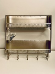 NEW SILVER&TAN-TAUPE WOOD GRAIN STORAGE RACK WALL SHELF W HOOKS 8.75″X10.5″