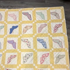 Patchwork Quilt Yellow & White w/ Multicolor Butterfly Squares Coverlet 63” x 73