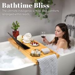 Bamboo Bathtub Tray – Expandable Waterproof Foldable Bath Caddy