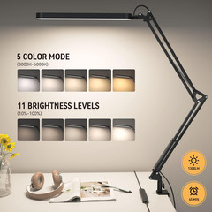 LED Desk Lamp Adjustable Swing Arm Eye Care 5 Modes 11 Brightness Memory Black