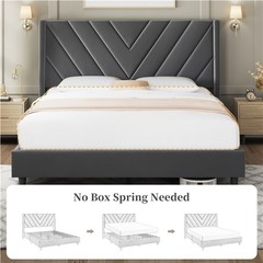 Full/Queen Upholstered Bed Frame with Wing Side Headboard, No Box Spring Needed