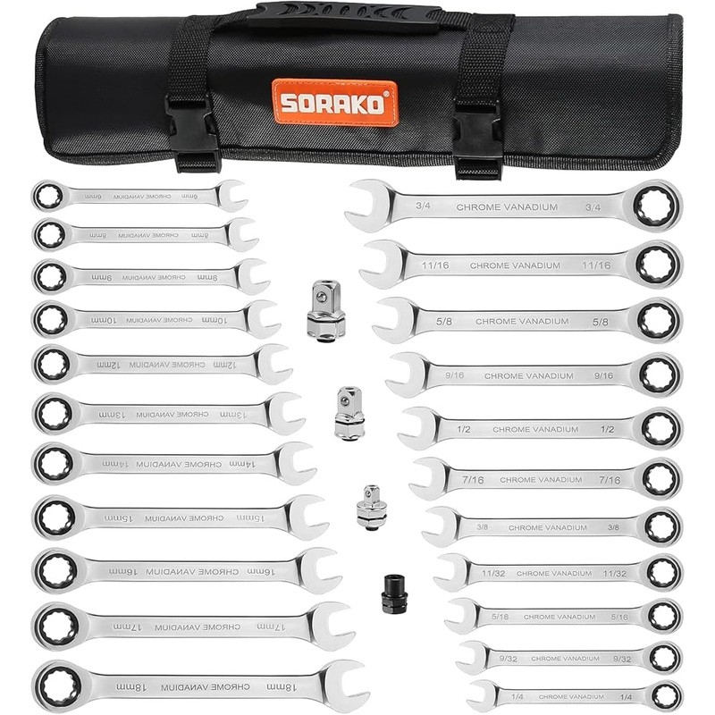 72-Tooth Ratchet Wrench Set Combination Tool SAE Metric Chrome Vanadium Steel US