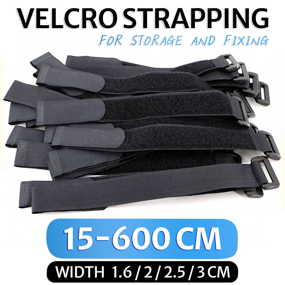 Black Hook and Loop Heavy Duty Strap Strapping Cable Ties with Buckle 15cm-600cm