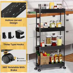 Slim Rolling Storage Cart 4 Tier Organizer Mobile Shelving Unit Utility Cart Tow