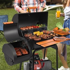 Royal Gourmet Charcoal Grill with Offset Smoker,Side Table and Front Table,Black
