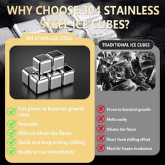 304 Stainless Steel 8Pcs Ice Cubes-Reusable Whiskey Stones, Tong, Storage Box