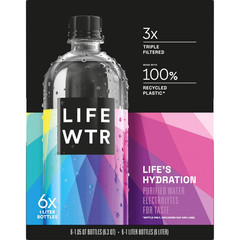 LIFEWTR Purified Drinking Water, 1 Liter, 6 Pack Plastic Bottles. FREE SHIPPING