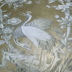 Gold foil metallic gray Chinoiserie blooming peonies branches cranes wallpaper