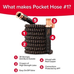 Pocket Hose Copper Bullet 50 FT With Thumb Spray Nozzle AS-SEEN-ON-TV, 650psi