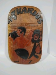 Vintage Handmade Carved Wooden Aquarius Zodiac Wall Plaque Signed by Artist Hays