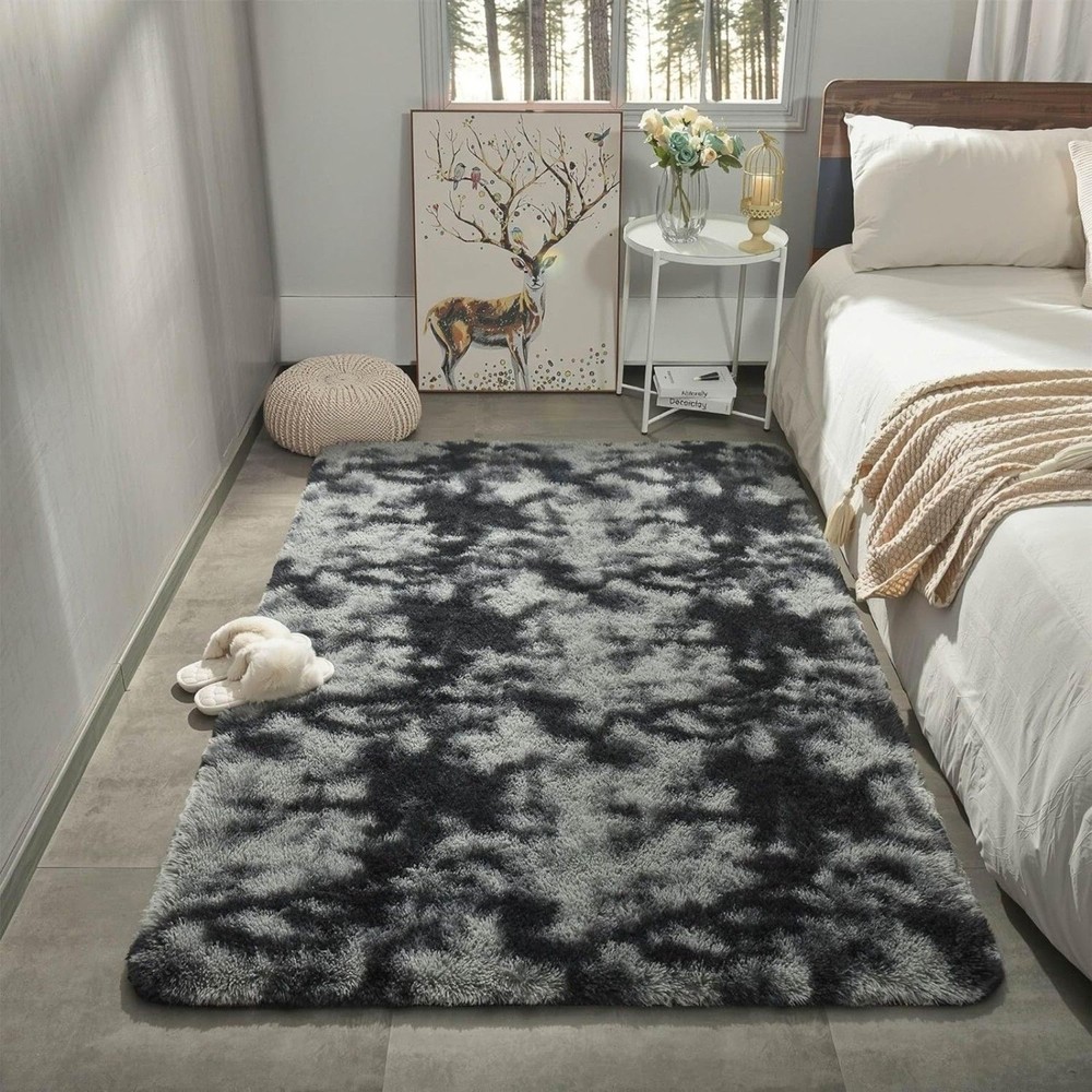 Modern Grey Tie-Dye Shag Area Rug (3×5) – Super Soft & Machine Washable