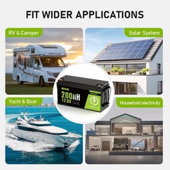 12V 200Ah LiFePO4 Lithium Battery Deep Cycle Built-in BMS for Solar RV Off-Grid