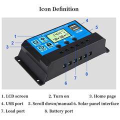 10A 12V/24V Solar Panel Battery Charge Controller LCD Auto Regulator Two USB US