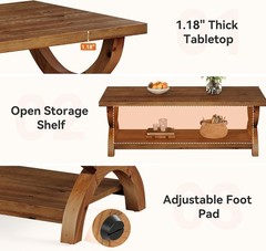 47.2-Inch Rectangle Solid Wood Coffee Table with Storage Shelf for Living Room