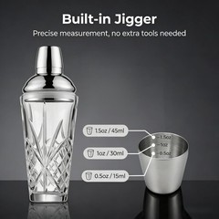18.5oz Crystal Cut Glass Cocktail Shaker with 0.5/1/1.5oz Lid Jigger #304 Steel