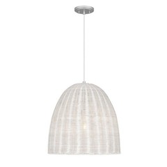 1-Light Silver Pendant Light White Rattan Shade Coastal Hanging Ceiling Fixture