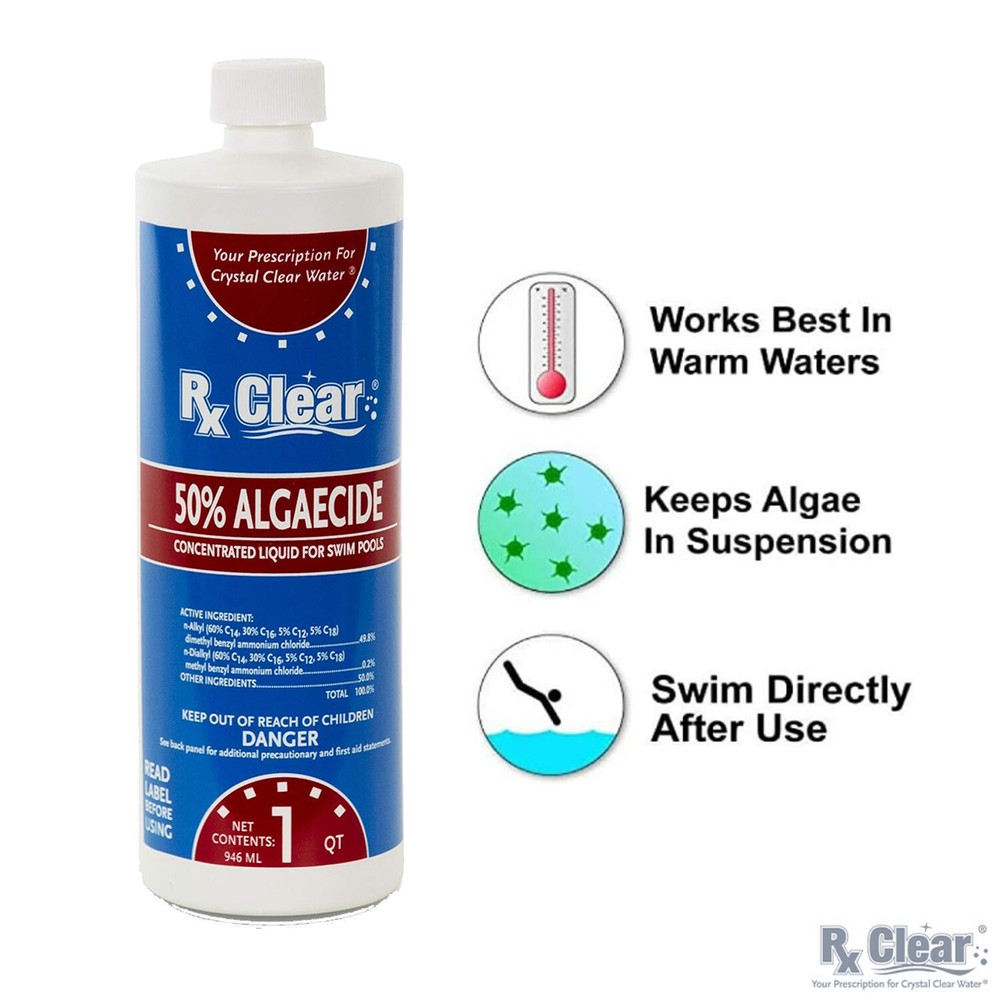 Rx Clear Algaecide 50 Plus Prevents Algae Swimming Pool Chemical – 32 oz Bottles