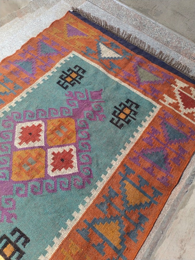 Handwoven Wool Jute Kilim Rug – Boho Area Rug, Rustic Living Room Carpet, Natura