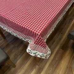 Red And White Check Cotton Tablecloth With Wide White & Cherry Border 52”x78”