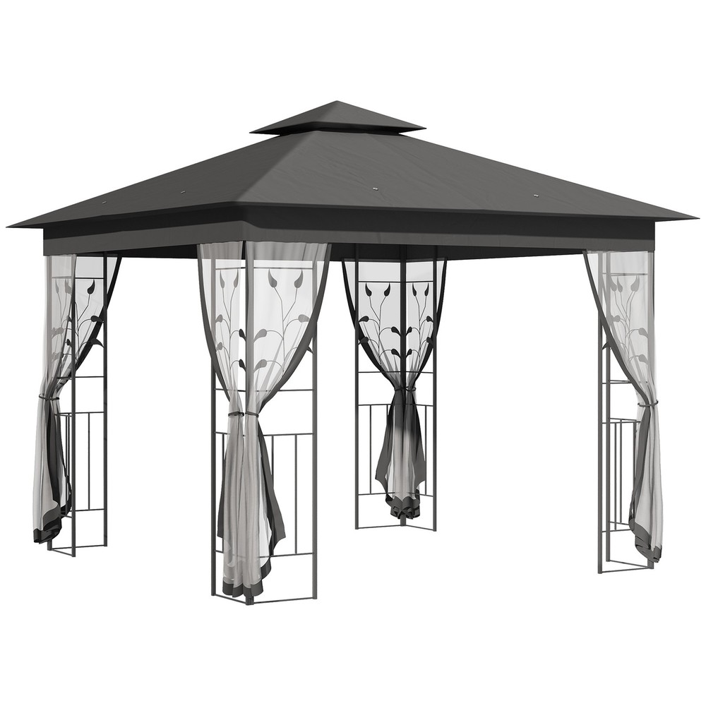 10′ x 10′ Outdoor Patio Gazebo Canopy Roof Steel Frame w/ Mesh Sidewalls, Grey