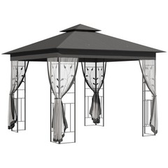 10′ x 10′ Outdoor Patio Gazebo Canopy Roof Steel Frame w/ Mesh Sidewalls, Grey