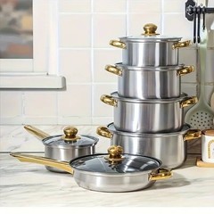 12-piece Stainless Steel Cookware Set (6 Pots + 6 Glass Lids) with Gold Handles