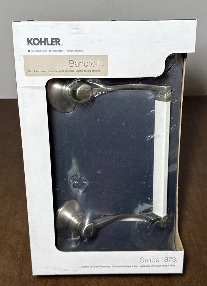 KOHLER BANCROFT Hand Towel Holder Brushed Nickel / Silver with White Bar NEW