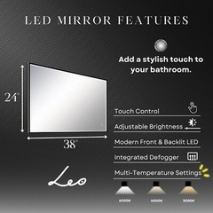 Dreamwerks LEO 38″ W x 24″ H Front & Backlit LED Mirror with Dimmer & Defogger