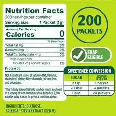 SPLENDA Stevia Zero Calorie Sweetener, Sugar Substitute Packets, 200 Count