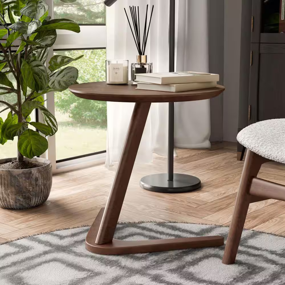 River Run 19.75 In. Walnut round Wood End Table with V-Shape Base