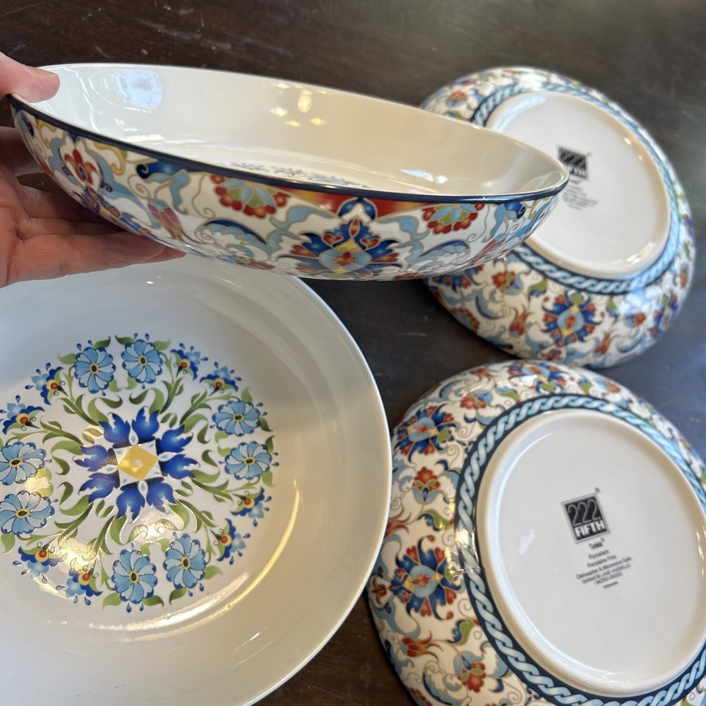 222 FIFTH Tunisia Pattern, Set of 4 Pasta or Soup Bowls, 9.5″ Porcelain Pristine