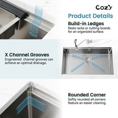 Cozy undermount stainless steel Brush Nickel sink 36x19x10 inch with accessory