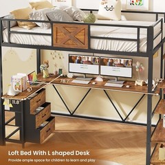 Stairway Twin Size Loft Bed with L Shaped Desk & Wardrobe, Metal Loft Bed Frame