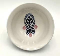 Anthropologie Footed Cereal Rice Bowl Ikat Design Blue White Yellow Pink 6.25 in