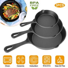 3Pcs Pre-Seasoned Cast Iron Skillet Set 6 8 10in Non-Stick Oven Safe Cookware He