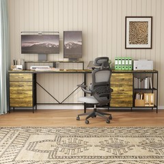 9.5FT L-Shaped Home Office Computer Desk 6 Drawers Monitor Stands Power Outlets