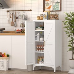 47”H White Metal Pantry Storage Cabinets with Doors and Adjustable Shelves